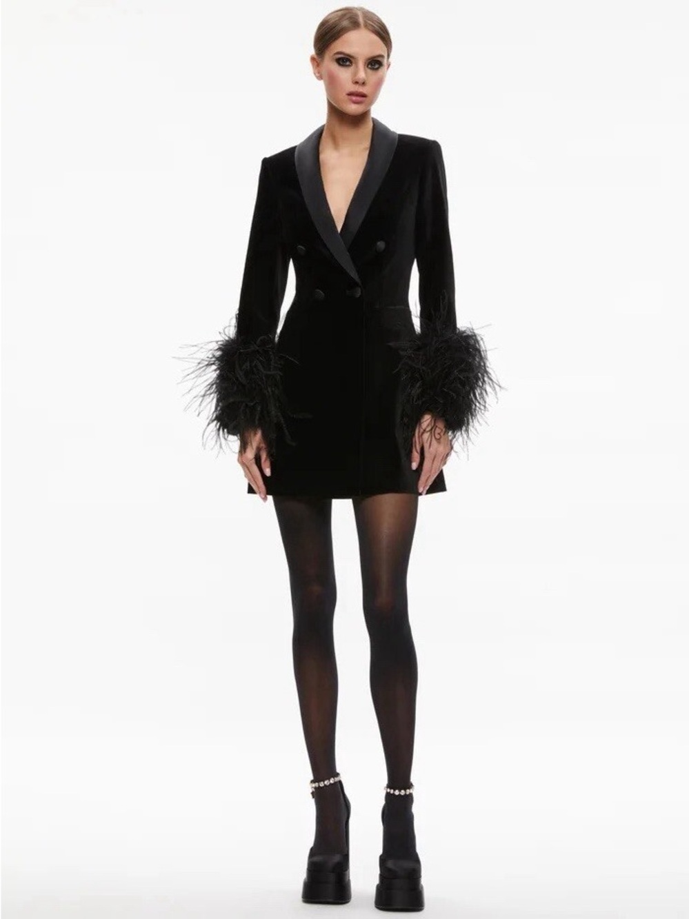 Alice + Olivia Latoya Black Feather-Cuff Mini Blazer Dress